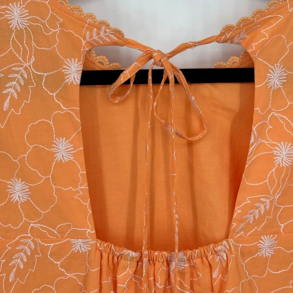 LOFT Orange Floral Embroidered Open Back‎ Puff Sleeve Top XL NWT 36722396